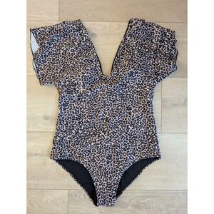 Byinns One Piece Animal Print Swimsuit Flutter Sleeves  Deep V Neck XL